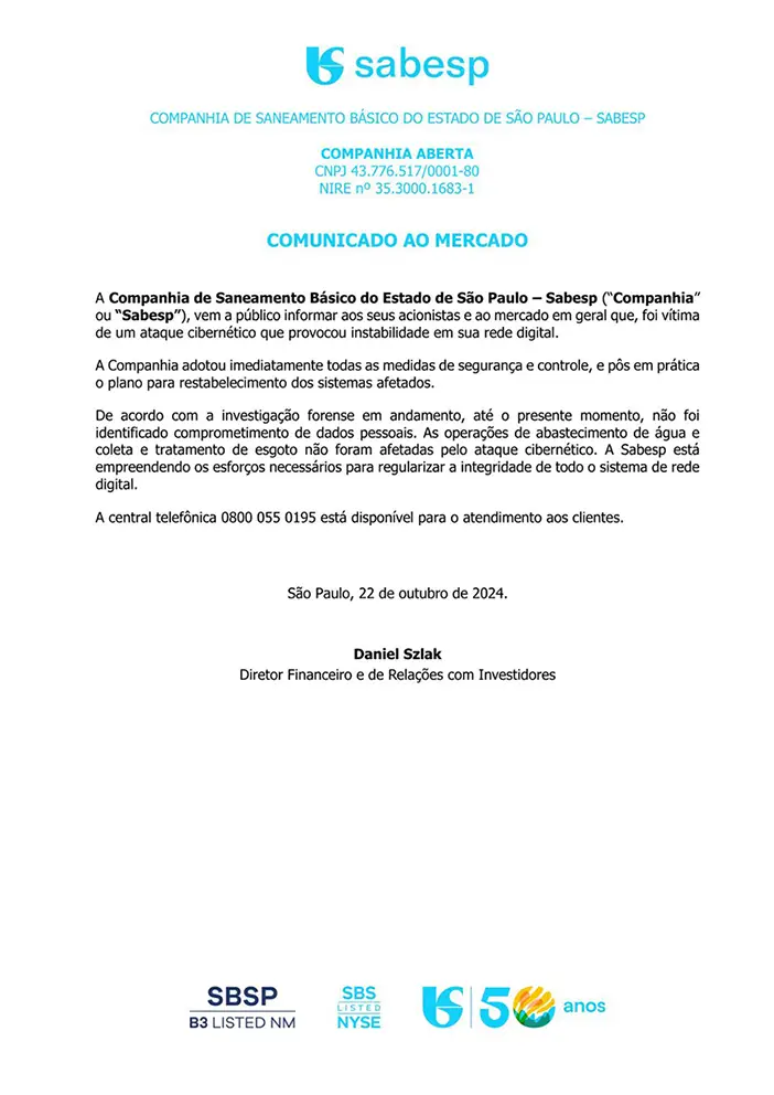 Comunicado da Sabesp com relação ao Recadastramento dos G0 que irá ser prorrogado